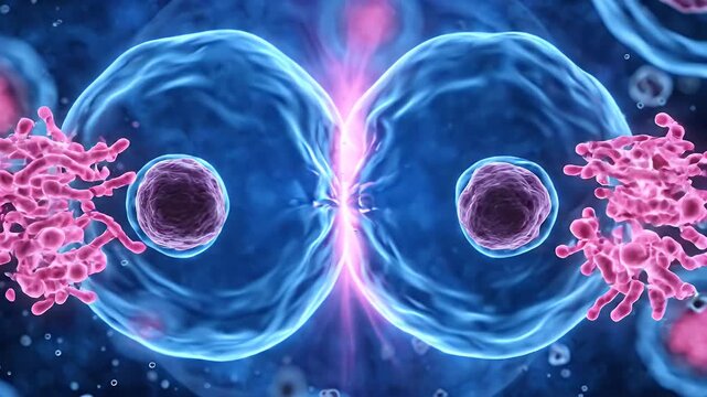 Mitosis and cell division process in 3D animation showing microscopic biological action