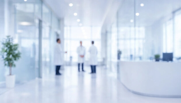 Blurred background of modern medical clinic lobby with professional doctors standing in hallway