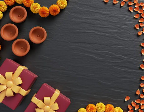 Diwali diyas, marigold flowers and gifts on festive flat lay