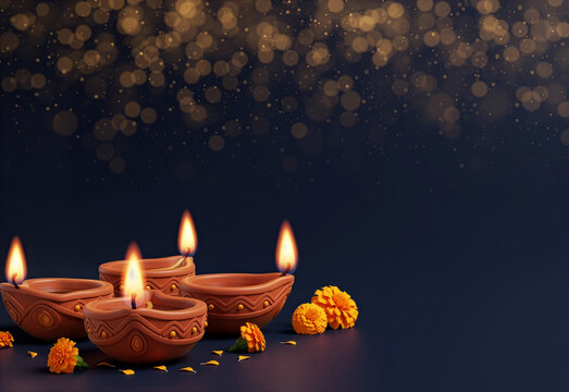 Diwali diyas with marigold flowers and glowing flames