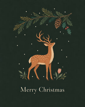 Merry Christmas greeting card featuring a graceful woodland deer beneath pine branches, hanging pine cones, holly berries and tiny stars on a dark green background in a vintage folk art style