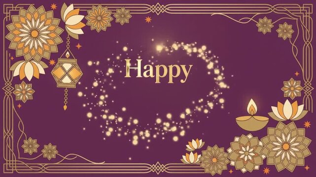 Floral deepavali pattern with diya lamps and decorative elements maroon and gold vector illustration
