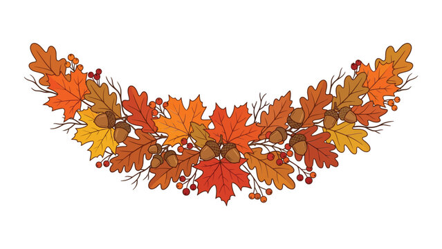 Colorful autumn leaf garland with acorns and berries arranged in a decorative arc with branches warm seasonal