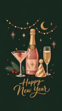 Happy New Year greeting card featuring elegant rose gold champagne bottle, cocktail glass, sparkling wine flute, hanging stars, crescent moon and festive lights on a dark green background