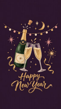 Happy New Year greeting card featuring a champagne bottle with two sparkling glasses, golden fireworks, festive streamers, stars and elegant calligraphy on a rich dark purple background