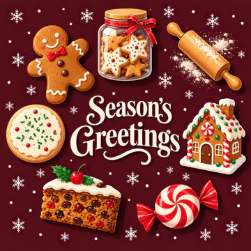 Season's Greetings Christmas greeting card featuring gingerbread cookies, festive cookie jar, rolling pin, decorated gingerbread house, fruitcake and peppermint candies on a burgundy background