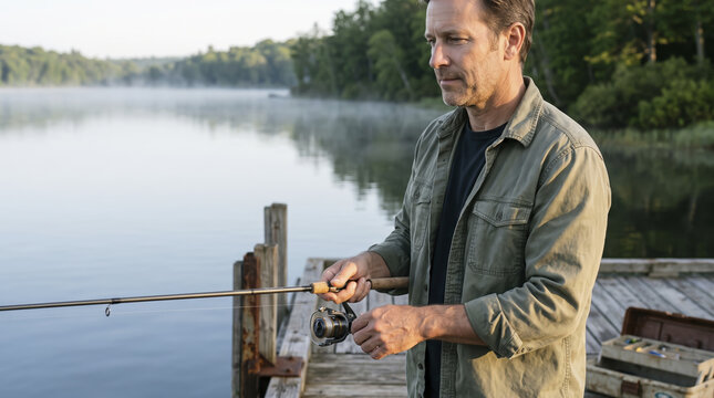 Angler grips fishing rod beside serene lake during early morning hours. Thoughtful fisherman prepares gear on wooden dock, experiencing calm tranquility amid lush forest and mist on water.