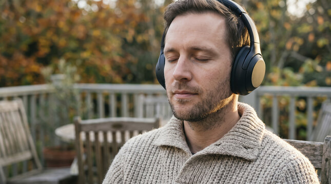Man wearing headphones listens to music with eyes closed while sitting outdoors on patio terrace. Content adult relaxes peacefully during quiet autumn afternoon enjoying audio streaming.