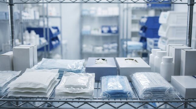 Hospital shelf supports vital medical inventory inside bright clinical facility. Blue surgical face masks lie beside wrapped sterile compresses, offering organized healthcare resources.