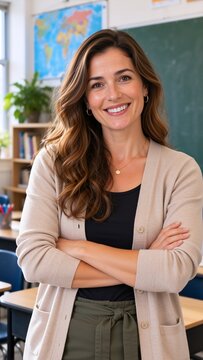 Smiling female teacher standing with folded arms in a bright classroom, wearing a cardigan and looking at camera, with a chalkboard, map, bookshelves, and plants in the background.