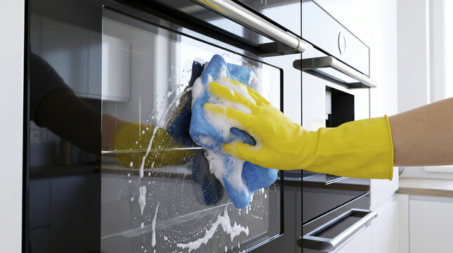 Housekeeper washes built in oven door using damp microfiber rag covered in foam. Diligent appliance cleaning ensures pristine kitchen interior surfaces free from greasy kitchen splatters.