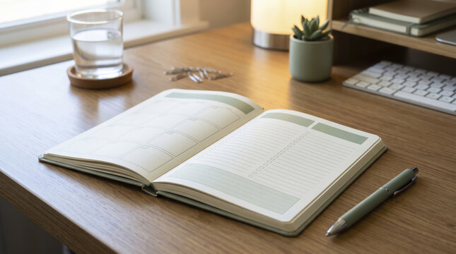Neat paper organizer sits on timber desk surface under warm lamp light. Open journal provides peaceful productive environment, showing blank weekly schedule spreads beside metallic writing pen.