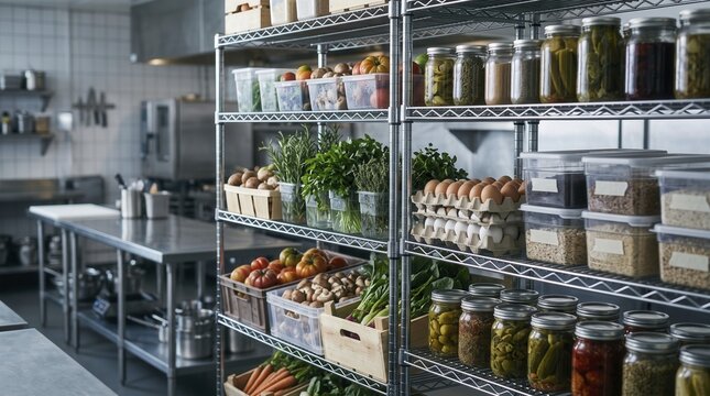 Wire shelves hold organized restaurant food inventory inside professional commercial kitchen. Shelving unit displays jars of pickled goods, fresh vegetables, cartons of eggs, and herbs.