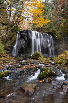 Tatsusawa Fudo Waterfall in autumn season, Inawashiro, Fukushima Prefecture, Japan	