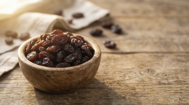 Glossy dried raisins heap within rustic bowl under morning light. Sweet dehydrated berries sit near textured cloth, providing nutritious food snack concept with organic kitchen atmosphere.