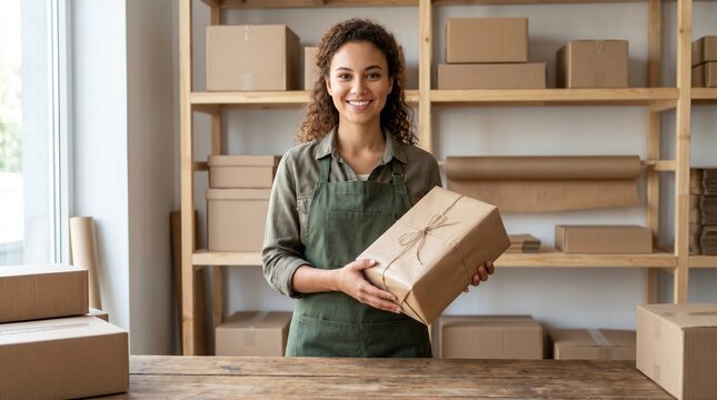 Smiling Young Woman in Apron Standing Behind an Eco Friendly Packing Station Holding a Parcel