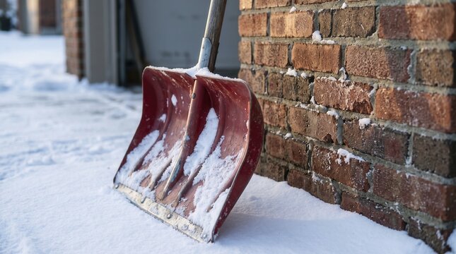 Bright red snow shovel stands outside brick building facade surrounded by cold winter snow. Weathered clearing tool displays heavy metal blade resting peacefully upon snowy walkway surface.