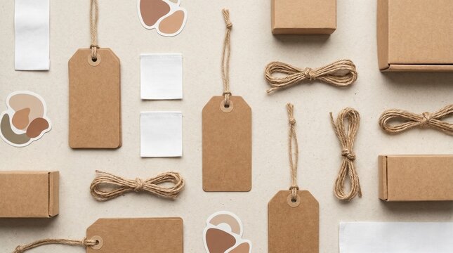 Overhead Flat Lay of Unbranded Sustainable Packaging Materials for Independent Brand, Kraft Paper Hang Tags, Cotton Woven Labels, Jute Twine, Recycled Boxes, Minimalist Ecofriendly Branding Kit