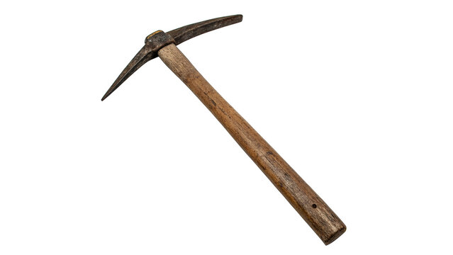 A classic metallic mining pickaxe tool wooden handle isolated on transparent background