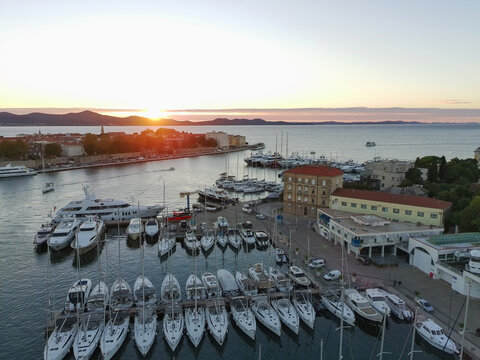Aerial View of Zadar Old Town and Marina at Sunset, Croatia