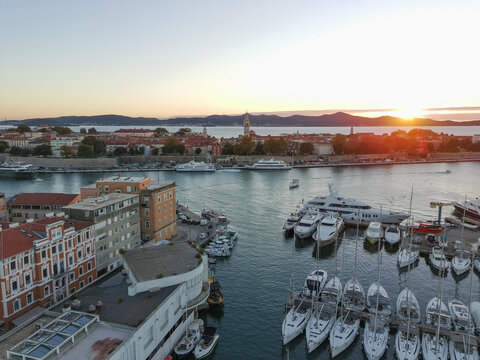 Aerial View of Zadar Old Town and Marina at Sunset, Croatia