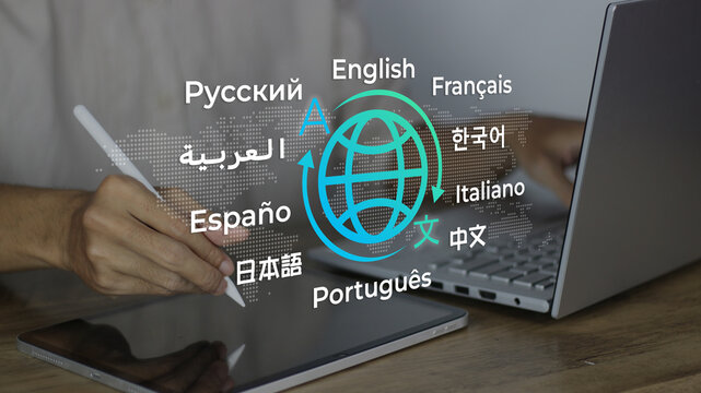 Translating languages globally with technology. Man using tablet with stylus and laptop surrounded by multilingual text icons, international communication, and translation service concepts