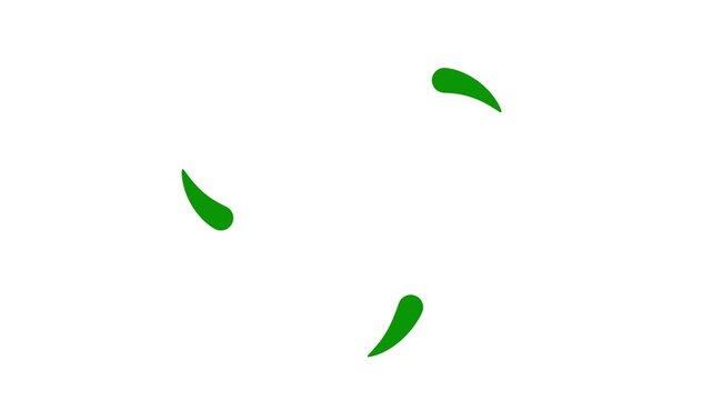 Animated green three drops of liquid moving from the center and spinning in a circle. Fluid effect. Looped video. Vector illustration isolated on white background. 
