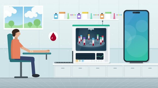 Blood test results on phone, sample drawn in clinic, analyzed by lab analyzer and sent to smartphone, animation