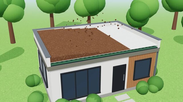 Green roof layers on flat roof house, waterproofing, drainage, substrate and plants storing rainwater, 3D animation