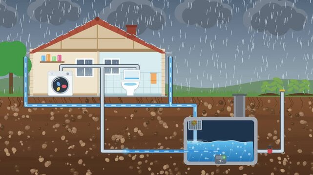 Rainwater harvesting system for home, roof gutter to underground tank and pump for toilet, laundry and garden, animation