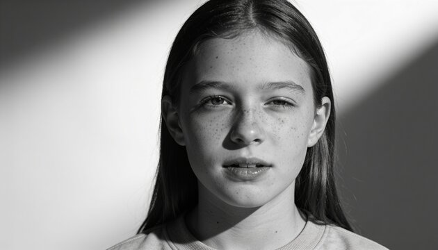 Person with long dark hair and freckles facing forward in black-and-white portrait, AI-generated