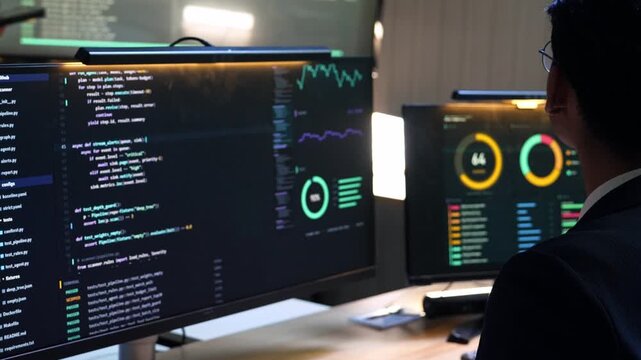 Software developer typing code on keyboard at desk with multiple monitors showing programming code and data dashboards in a dark office.