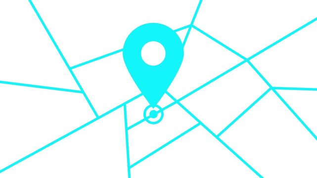 Animated blue location pointer icon on the map. Location pin, GPS tracker, destination. GPS map of the city with place marker. Vector flat illustration isolated on a white background. Looped video.