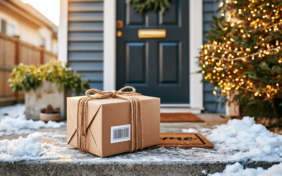 Brown cardboard shipping box with twine and barcode on front porch at Christmas