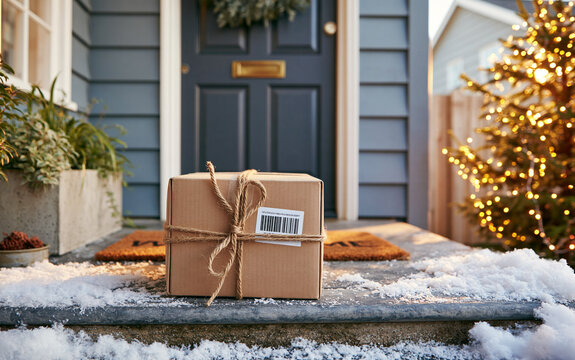 Brown cardboard shipping box with twine and barcode on front porch at Christmas