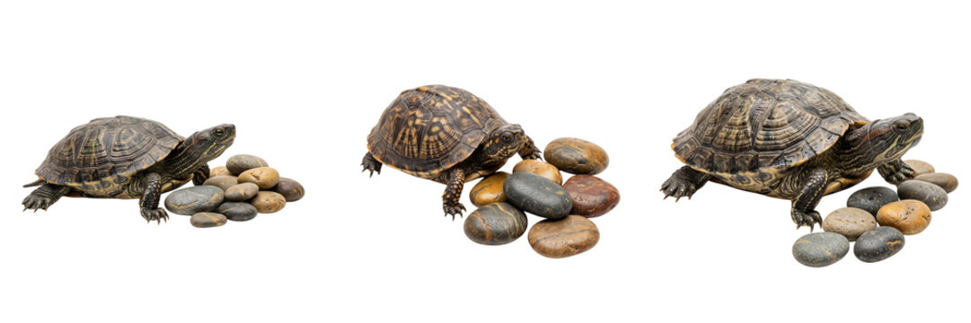 Three turtles of different species resting on smooth river stones isolated on a transparent background