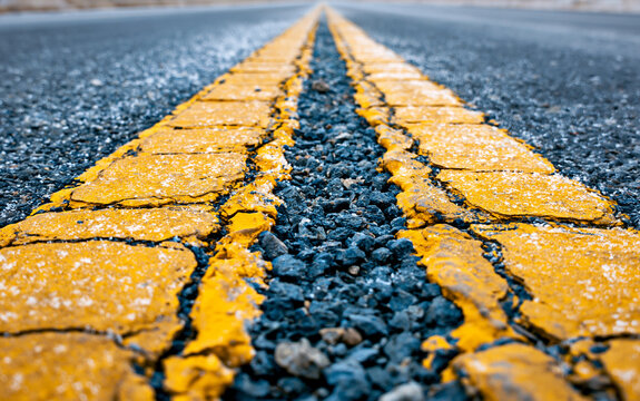 Double yellow lines on dark asphalt road surface with light snow