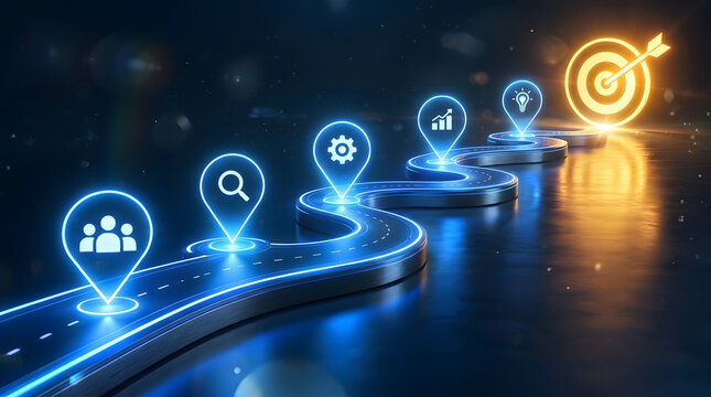 Futuristic Business Roadmap Concept with Glowing Blue Path, Milestone Location Pins and Golden Target Bullseye Representing Success, Growth Strategy, and Project Management Milestones