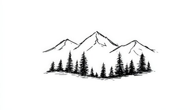 Hand-drawn sketch of mountain peaks and pine trees isolated on white background. Ideal for outdoor adventure logos and rustic wilderness branding.