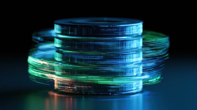 Futuristic stack of spinning coins with glowing blue and green light trails in the dark. Ideal for cryptocurrency and financial technology concepts.
