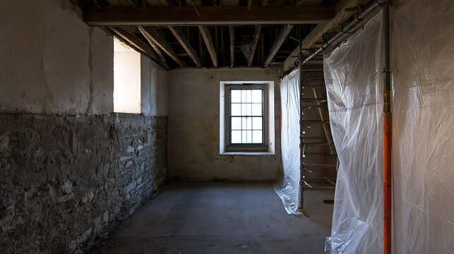 Interior view of an old basement room during home renovation with exposed stone wall, wooden ceiling beams, plastic sheet barrier, and scaf