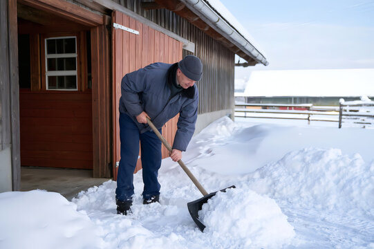 Man shoveling fresh snow outside a wooden barn on a winter day. Rural life and hard work concept in cold weather.