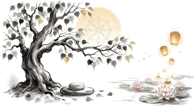 Buddhist Bodhi tree with Dharmachakra wheel, spiritual zen tree with pink lotus flowers, ink wash illustration with floating lanterns and gold accents isolated PNG with Transparent Background