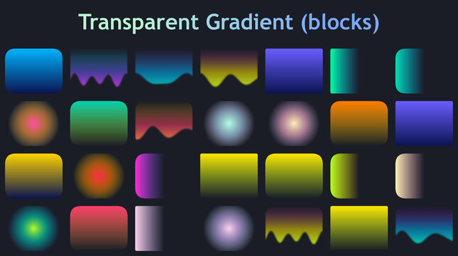 Transparent gradient blocks set, 28 vibrant colorful UI design elements, modern glowing abstract shapes for web apps, neon geometric assets