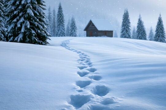 Fresh footprints in deep snow lead to a cozy wooden cabin in a snowy winter forest. Peaceful winter landscape with falling snow and pine trees.