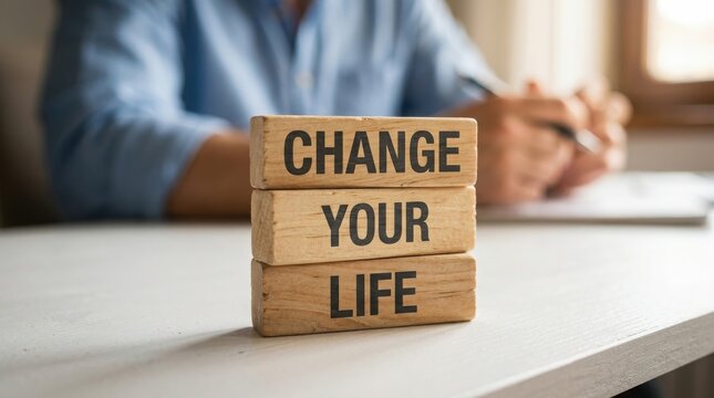 Wooden blocks with the words change your life displayed on a desk