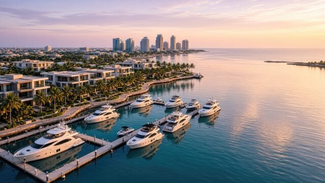 Aerial view of luxury yacht marina and waterfront skyline at pink sunset