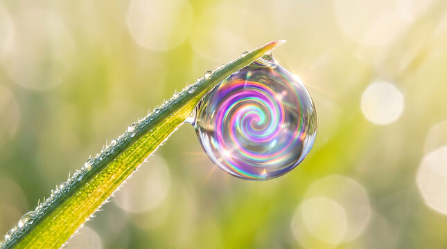 A single dewdrop with a spiral reflection on a grass blade