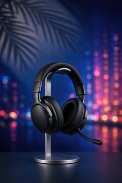 Black gaming headset on stand against neon bokeh city lights