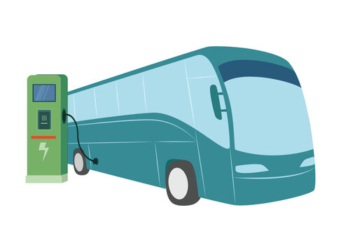 Modern electric city bus charging at an electric vehicle charging station, vector illustration